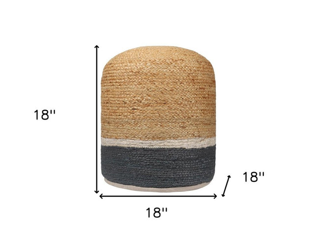 18" Natural And Gray Jute Blend Cylinder Striped Pouf Ottoman