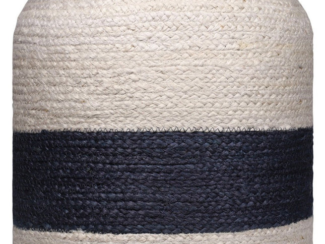 18" Off White And Navy Blue Jute Blend Cylinder Striped Pouf Ottoman