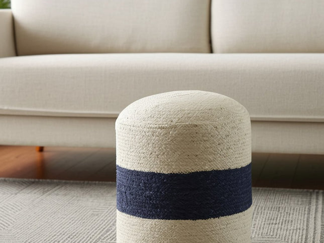 18" Off White And Navy Blue Jute Blend Cylinder Striped Pouf Ottoman