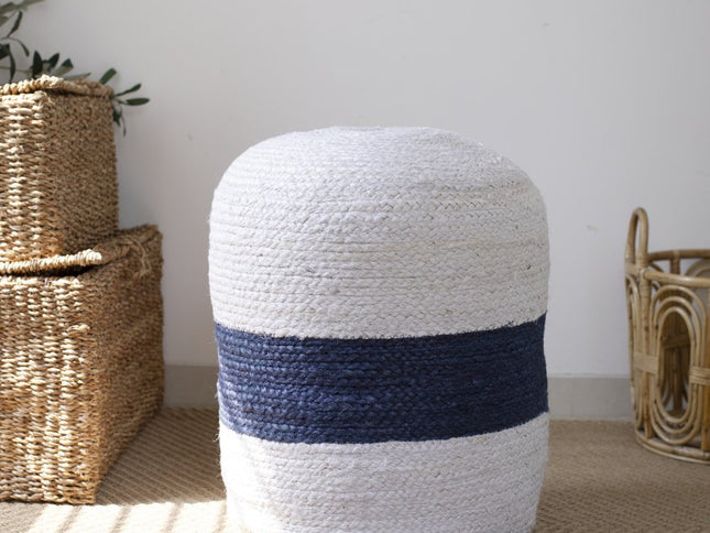 18" Off White And Navy Blue Jute Blend Cylinder Striped Pouf Ottoman