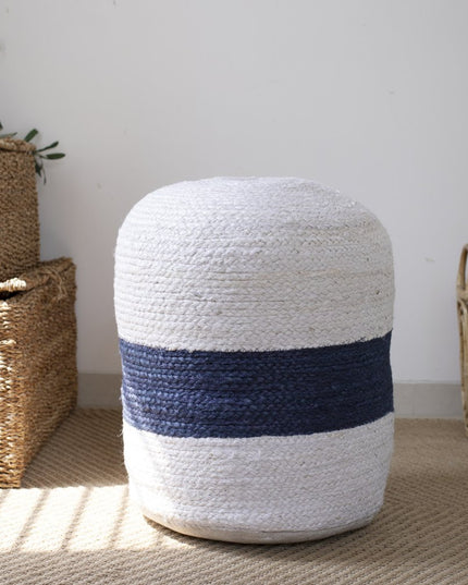 18" Off White And Navy Blue Jute Blend Cylinder Striped Pouf Ottoman