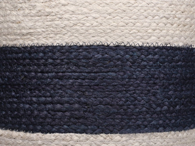 18" Off White And Navy Blue Jute Blend Cylinder Striped Pouf Ottoman
