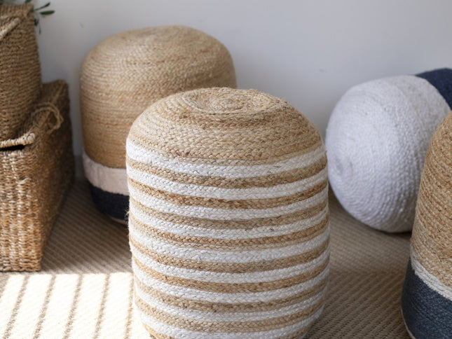 18" Off White And Navy Blue Jute Blend Cylinder Striped Pouf Ottoman