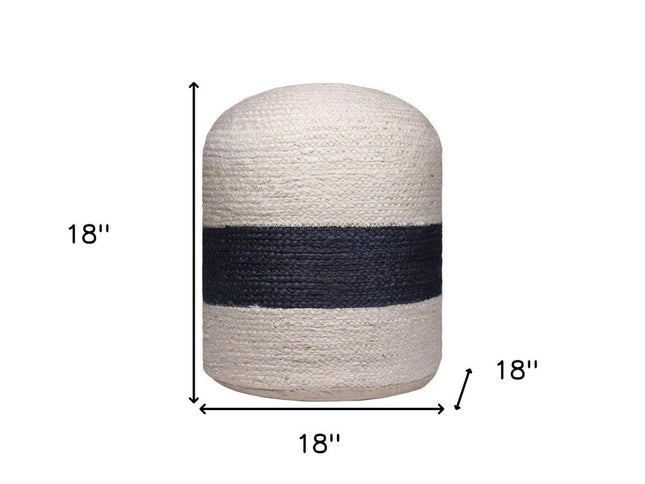 18" Off White And Navy Blue Jute Blend Cylinder Striped Pouf Ottoman