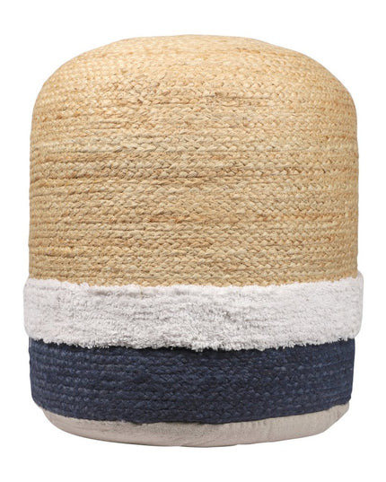 18" Natural And Navy Blue Jute Blend Cylinder Striped Pouf Ottoman