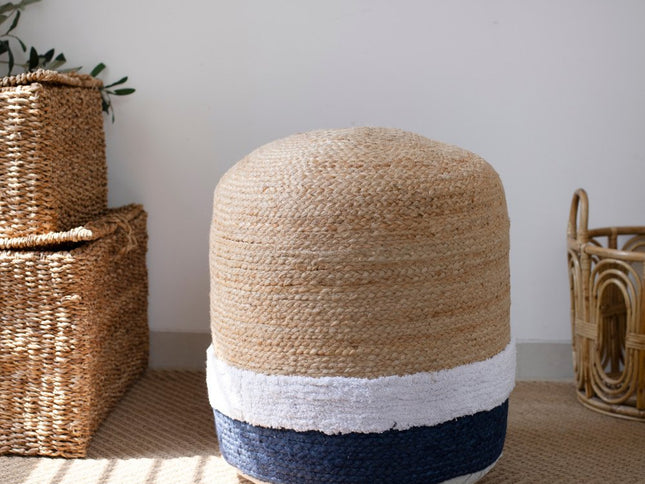 18" Natural And Navy Blue Jute Blend Cylinder Striped Pouf Ottoman