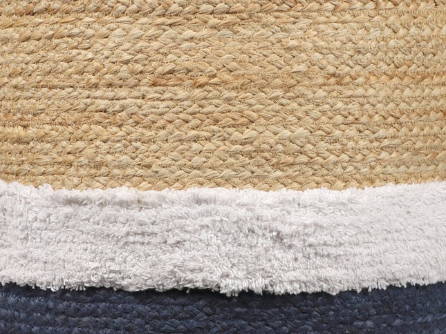 18" Natural And Navy Blue Jute Blend Cylinder Striped Pouf Ottoman