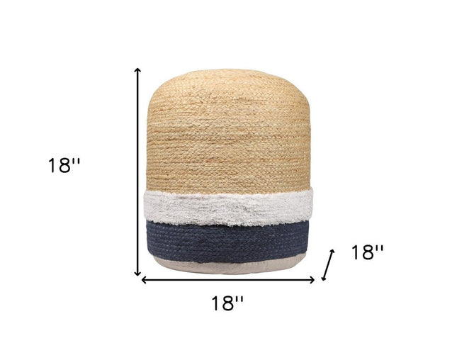 18" Natural And Navy Blue Jute Blend Cylinder Striped Pouf Ottoman