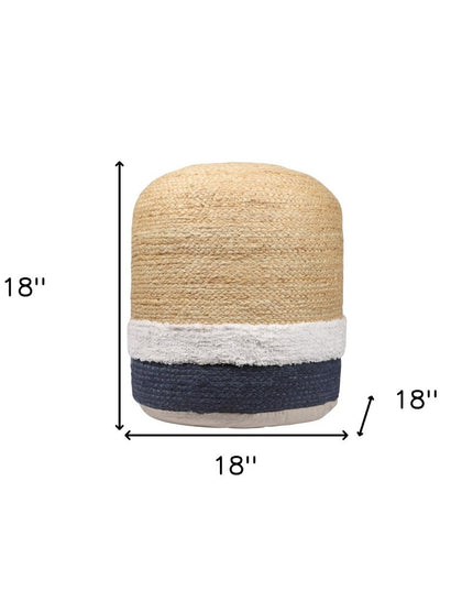 18" Natural And Navy Blue Jute Blend Cylinder Striped Pouf Ottoman