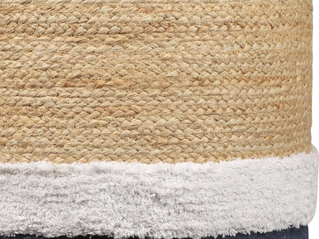 18" Natural And Navy Blue Jute Blend Cylinder Striped Pouf Ottoman