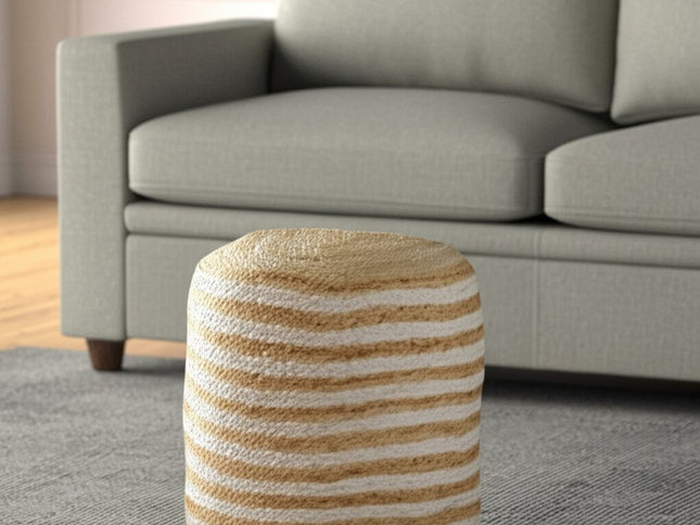 18" Natural And White Jute Blend Cylinder Striped Pouf Ottoman