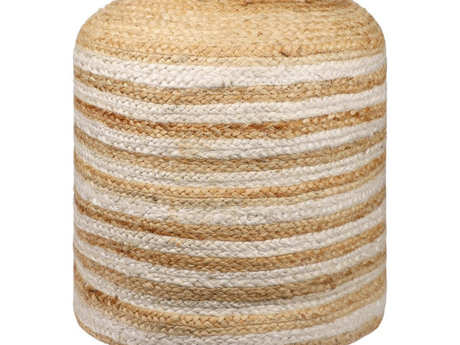18" Natural And White Jute Blend Cylinder Striped Pouf Ottoman