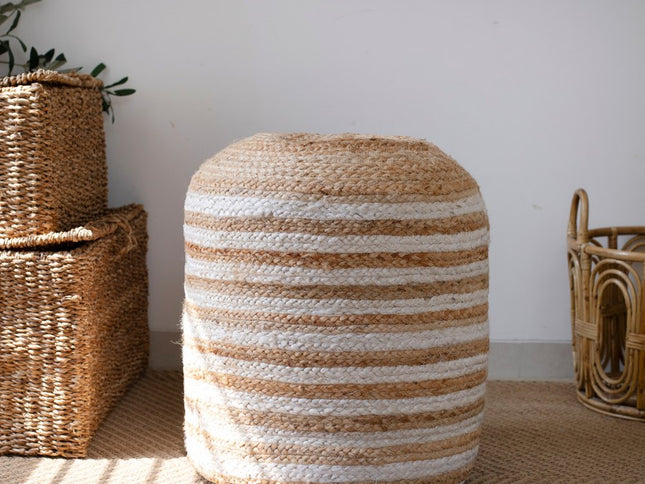 18" Natural And White Jute Blend Cylinder Striped Pouf Ottoman