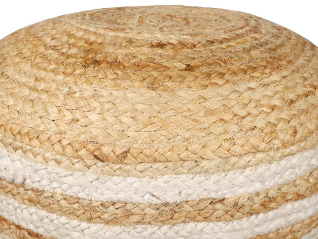 18" Natural And White Jute Blend Cylinder Striped Pouf Ottoman