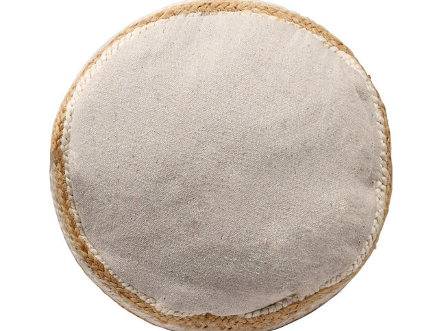 18" Natural And White Jute Blend Cylinder Striped Pouf Ottoman