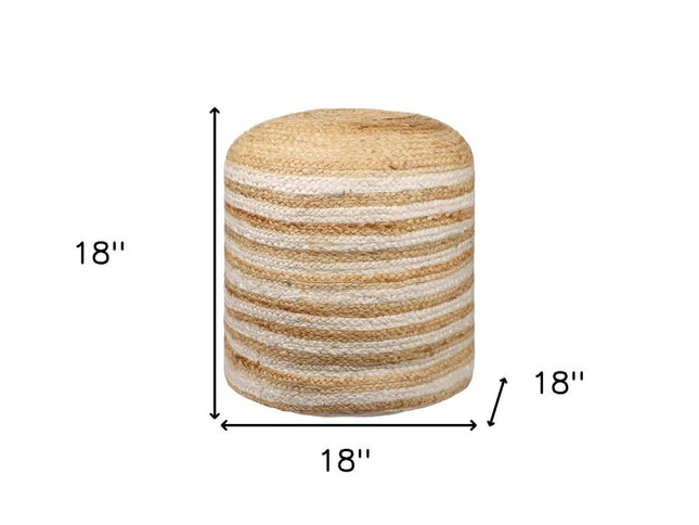 18" Natural And White Jute Blend Cylinder Striped Pouf Ottoman