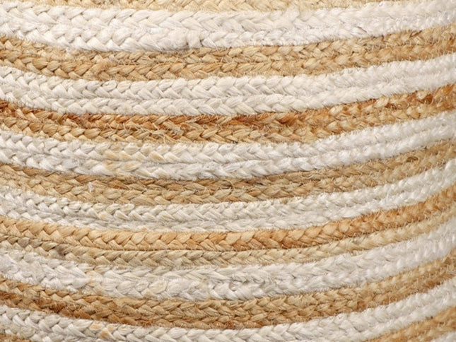 18" Natural And White Jute Blend Cylinder Striped Pouf Ottoman