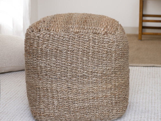 18" Natural Jute Woven Blend Cube Pouf Ottoman