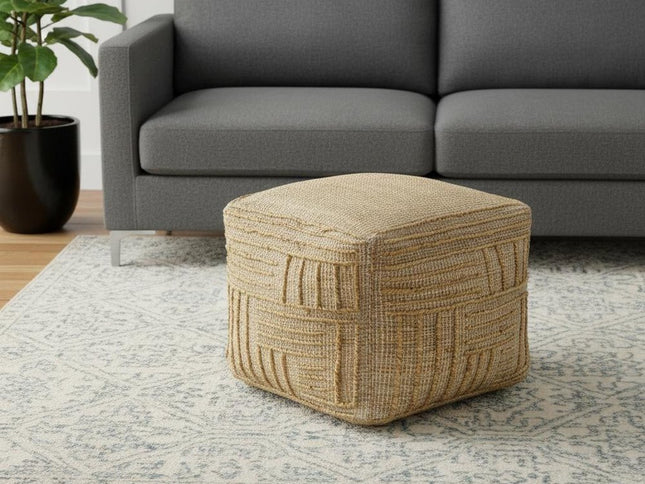 18" Natural Jute Blend Cube Striped Pouf Ottoman