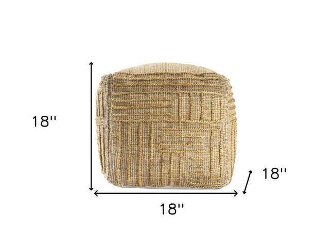 18" Natural Jute Blend Cube Striped Pouf Ottoman