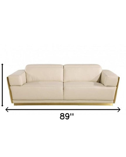 89" Beige And Gold Leather Sofa