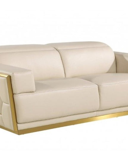 89" Beige And Gold Leather Sofa