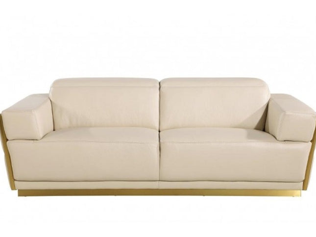 89" Beige And Gold Leather Sofa