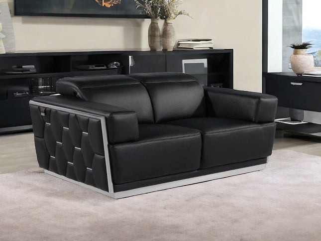 70" Black And Silver Italian Leather Loveseat