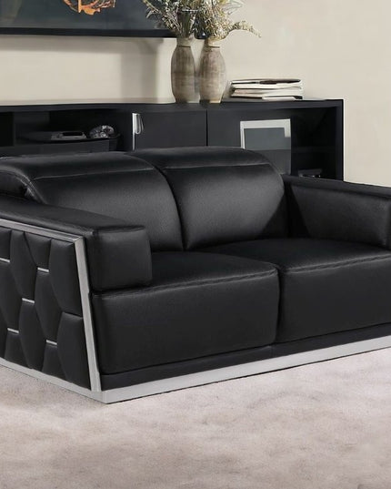 70" Black And Silver Italian Leather Loveseat
