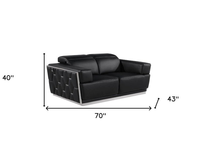 70" Black And Silver Italian Leather Loveseat