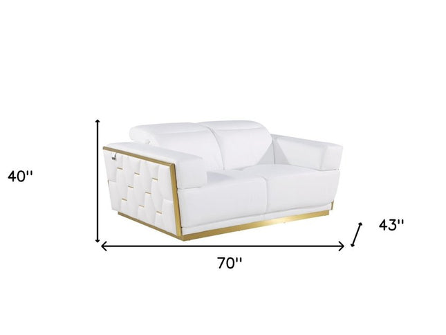 70" White And Silver Italian Leather Loveseat