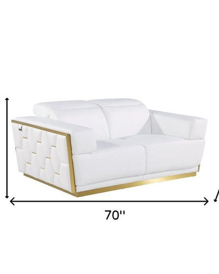 70" White And Silver Italian Leather Loveseat