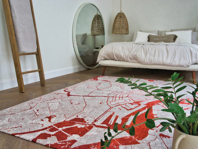 9' X 13' Red and White Abstract Non Skid Area Rug