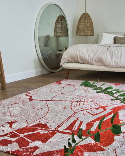 9' X 13' Red and White Abstract Non Skid Area Rug
