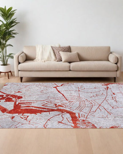 9' X 13' Red and White Abstract Non Skid Area Rug