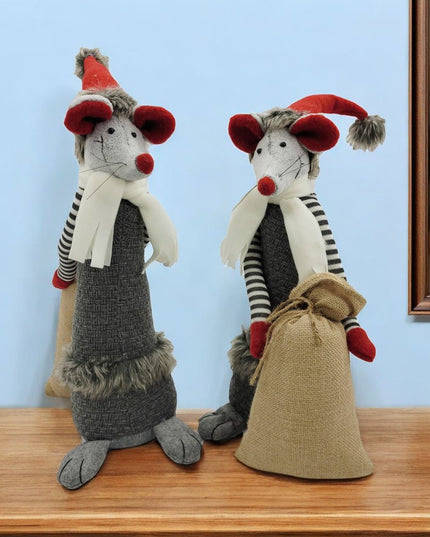 Set of Two Gray Brown And Red Fabric Rodent Christmas Figurine