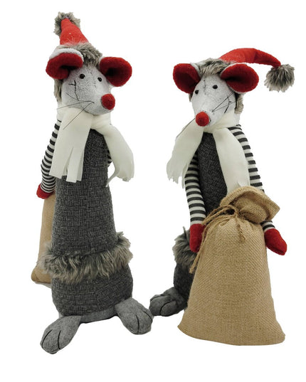 Set of Two Gray Brown And Red Fabric Rodent Christmas Figurine