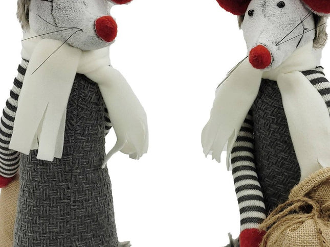 Set of Two Gray Brown And Red Fabric Rodent Christmas Figurine