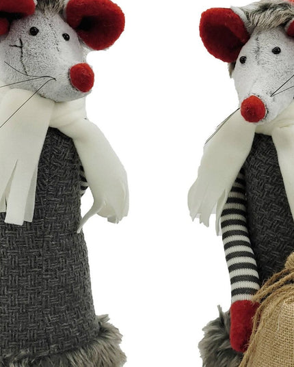 Set of Two Gray Brown And Red Fabric Rodent Christmas Figurine