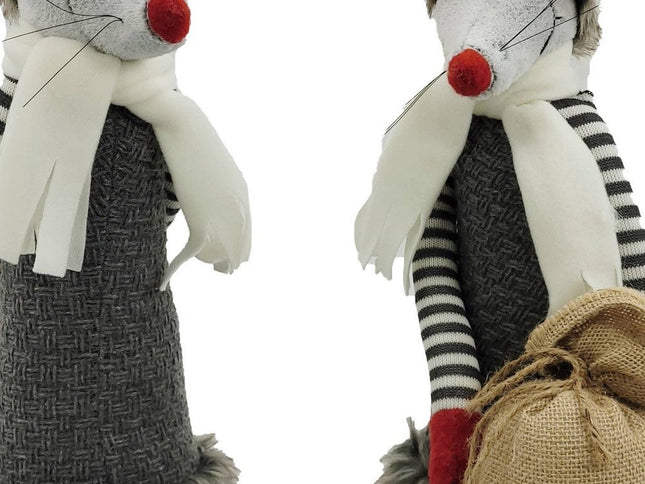 Set of Two Gray Brown And Red Fabric Rodent Christmas Figurine