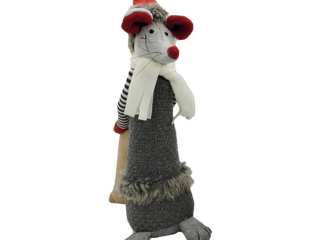 Set of Two Gray Brown And Red Fabric Rodent Christmas Figurine