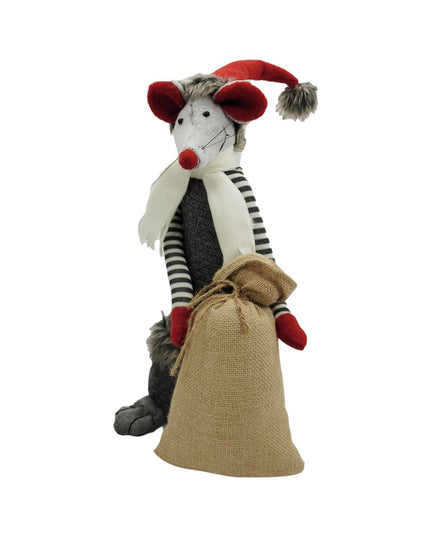 Set of Two Gray Brown And Red Fabric Rodent Christmas Figurine