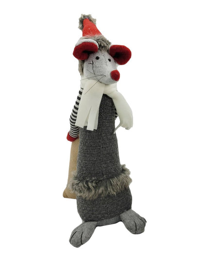 Set of Two Gray Brown And Red Fabric Rodent Christmas Figurine