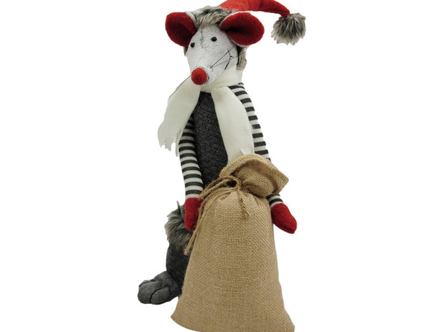 Set of Two Gray Brown And Red Fabric Rodent Christmas Figurine