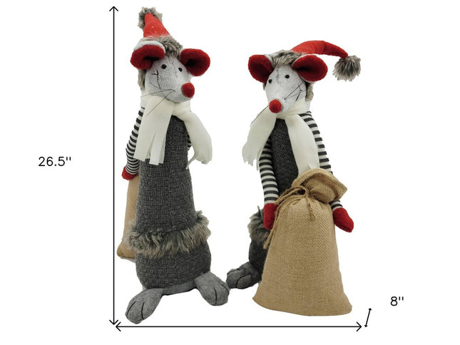 Set of Two Gray Brown And Red Fabric Rodent Christmas Figurine