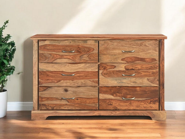 60" Brown Solid Wood Live Edge Six Drawer Double Dresser