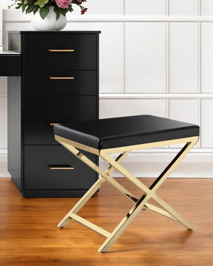 21" Black and Gold Faux Leather Vanity Chair