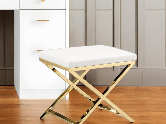 21" White and Gold Faux Leather Vanity Chair