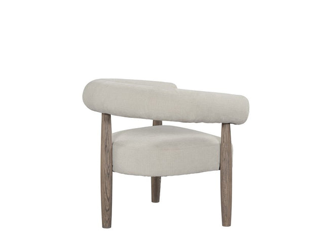 29" Cream and Light Brown Fabric And Wood Curved Arm Chair