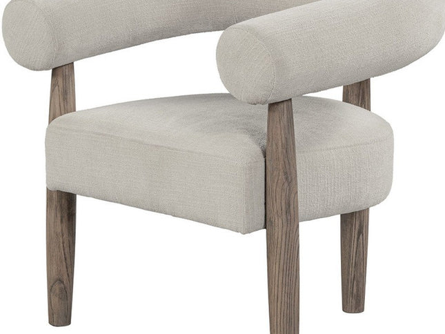 29" Cream and Light Brown Fabric And Wood Curved Arm Chair